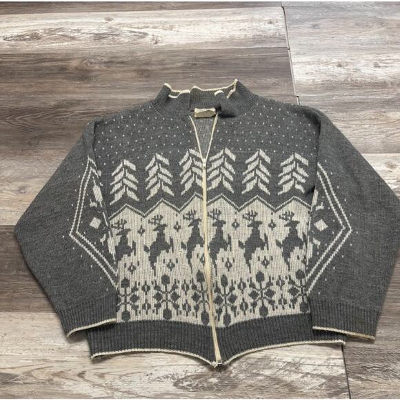 Vintage Sweet Tree Gray Mens M Full Zip Knit Snowflake Deer AOP Cardigan Sweater - Picture 1 of 8